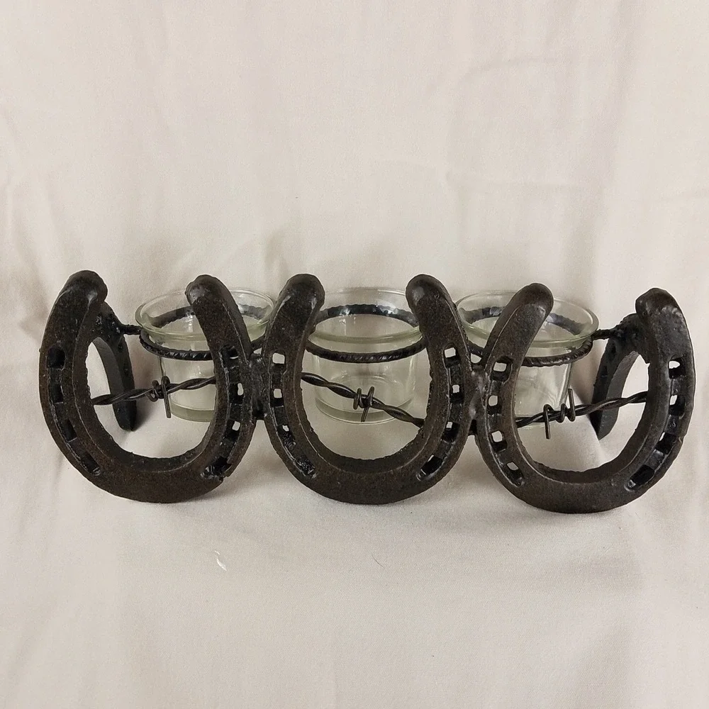 Rustic‎ Horseshoe Barbed Wire Votive Candle Holder 3 Glass Cups Western Decor